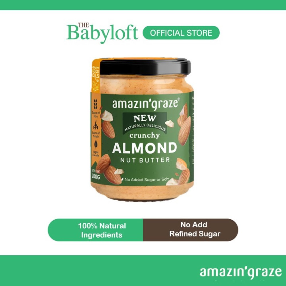 Amazin' Graze All Natural Almond Crunchy Nut Butter Healthy Peanut Butter Spread (200G) - No Salt & Sugar  | Halal