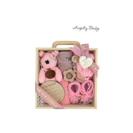 Angeliz Baby GIft Handmade Knitted Wooden Box Memory Set 10 pcs - Pink