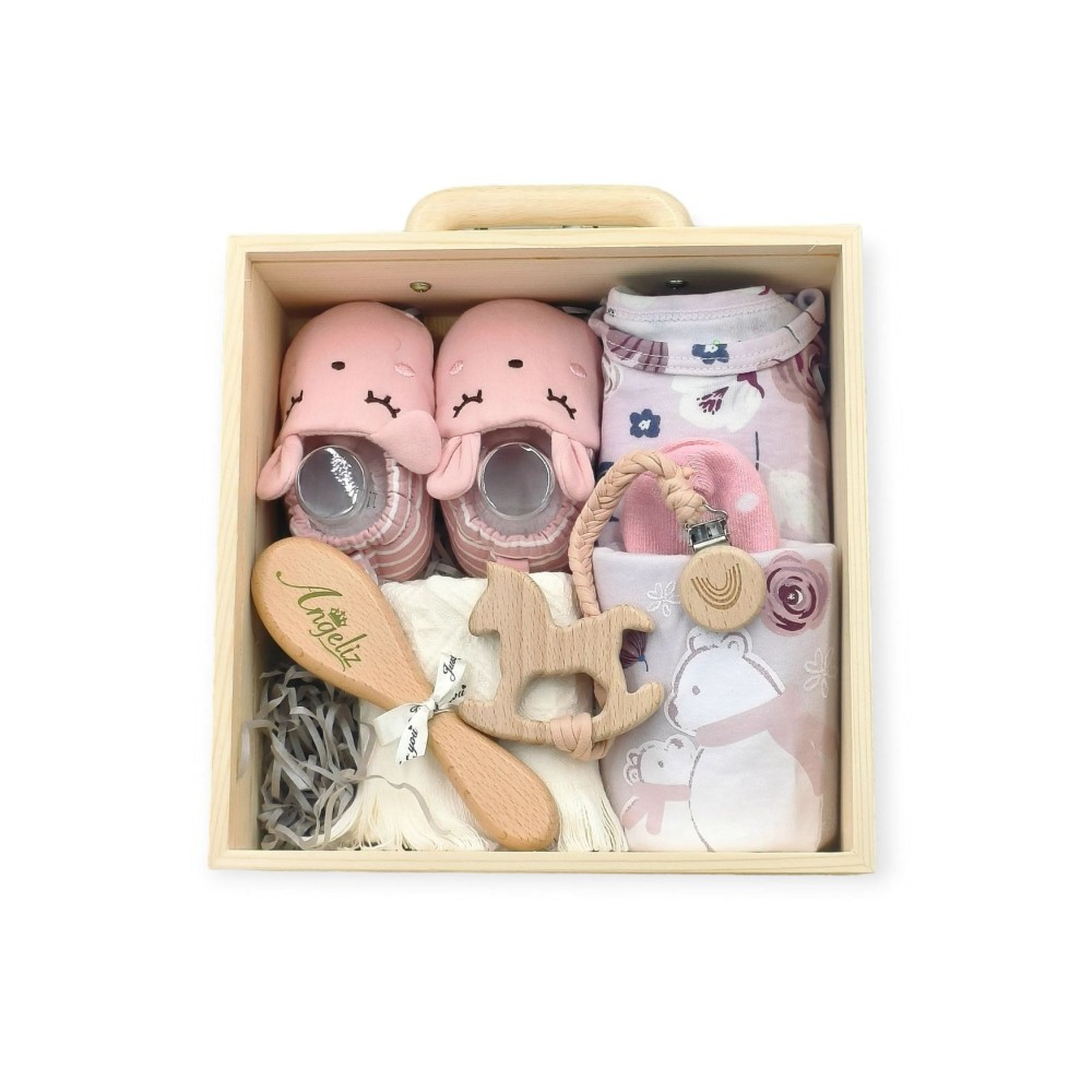  Angeliz Baby Gift Lovely Beginner Wooden Box Hamper Set 10 Pcs- Pink