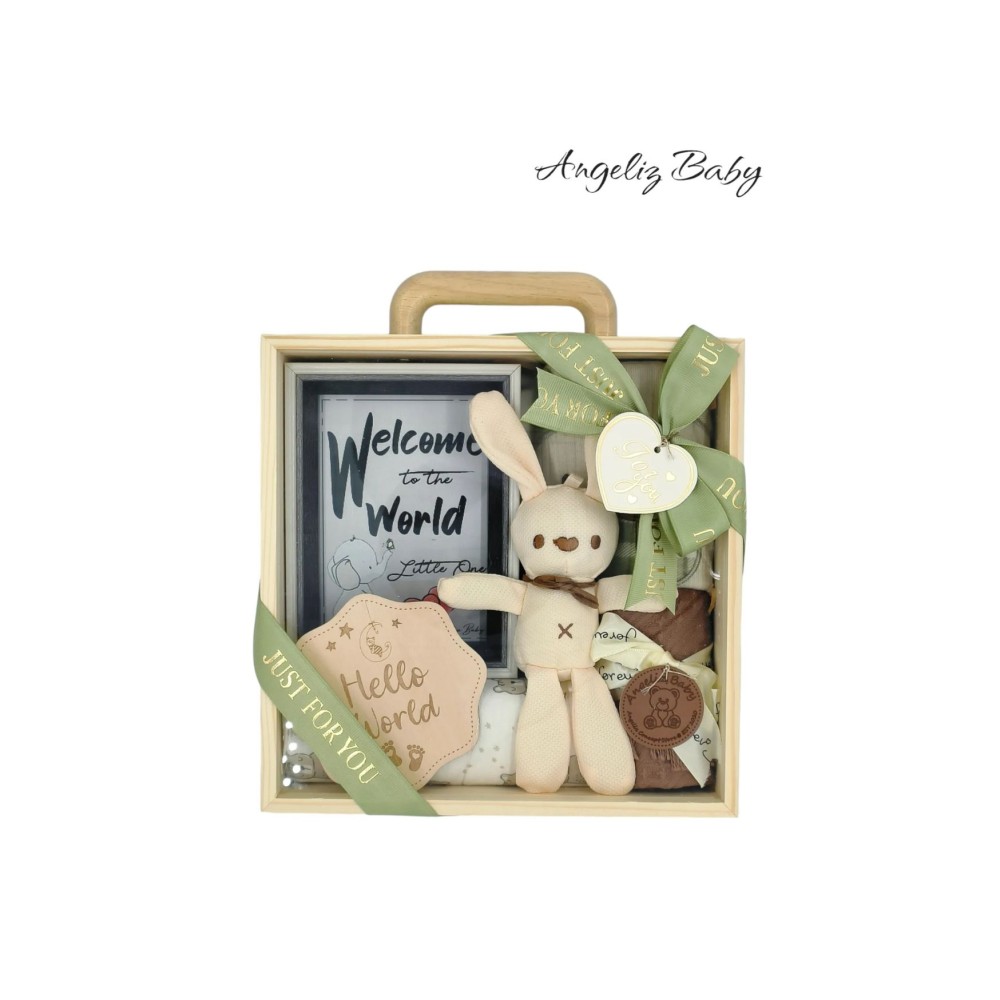 Angeliz Baby Gift Welcome To The World Baby Hamper Wooden Box Set - 9 Pcs ( Unisex )